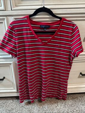 Tommy Hilfiger Red Striped V-Neck Short Sleeve Tee